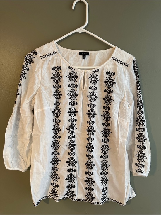 Talbots Tops - Talbots White Peasant Tunic with Black Embroidery
